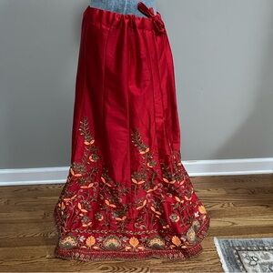Red fancy party lengha skirt Indian sari gold orange embroidery sequin wedding